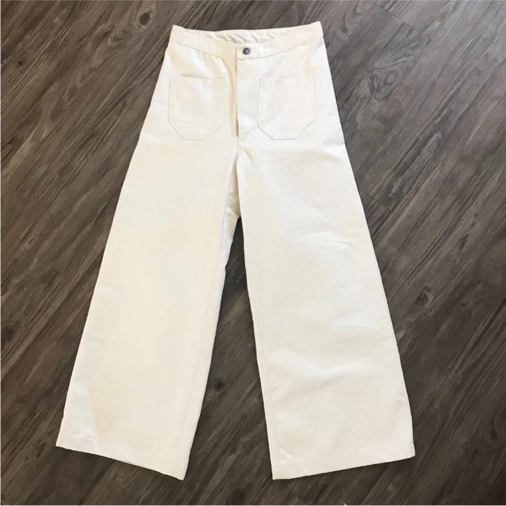 NWOT Lykke Wullf Sandi Pants M ~ Cream High Waisted Wide-Leg Cropped Jeans - Picture 2 of 6